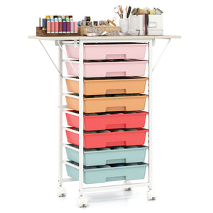 8-Drawer Rolling Cart with Wooden Tabletop and Folding Side Panels for Living Room-Macaron