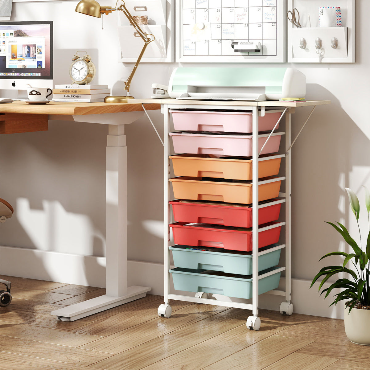 8-Drawer Rolling Cart with Wooden Tabletop and Folding Side Panels for Living Room-Macaron view 2