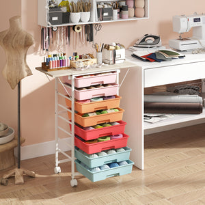 8-Drawer Rolling Cart with Wooden Tabletop and Folding Side Panels for Living Room-Macaron view 3