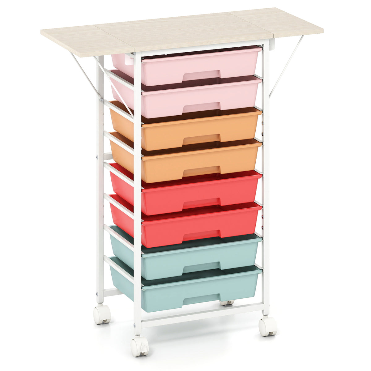 8-Drawer Rolling Cart with Wooden Tabletop and Folding Side Panels for Living Room-Macaron view 4