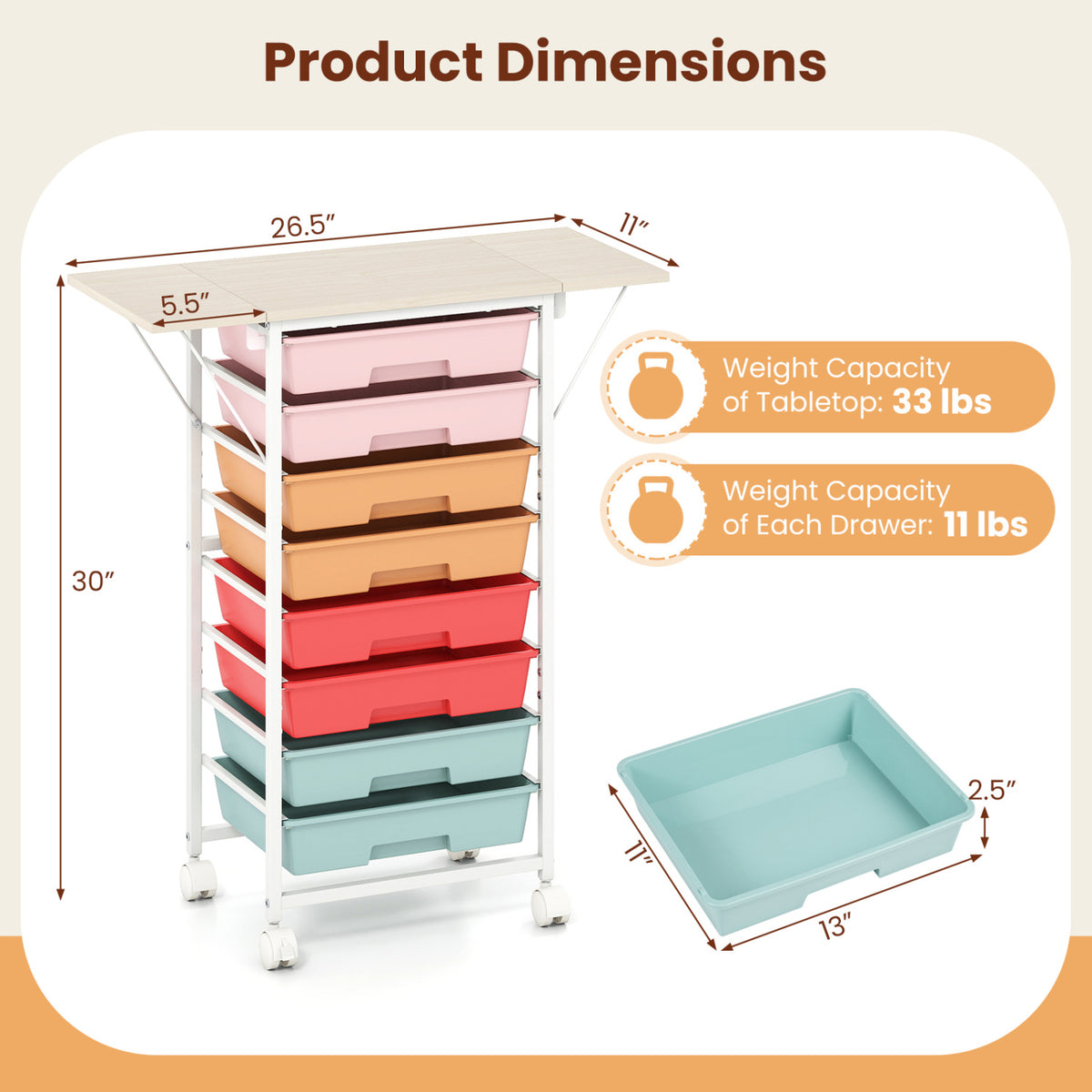 8-Drawer Rolling Cart with Wooden Tabletop and Folding Side Panels for Living Room-Macaron view 5
