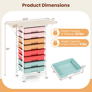 8-Drawer Rolling Cart with Wooden Tabletop and Folding Side Panels for Living Room-Macaron view 5