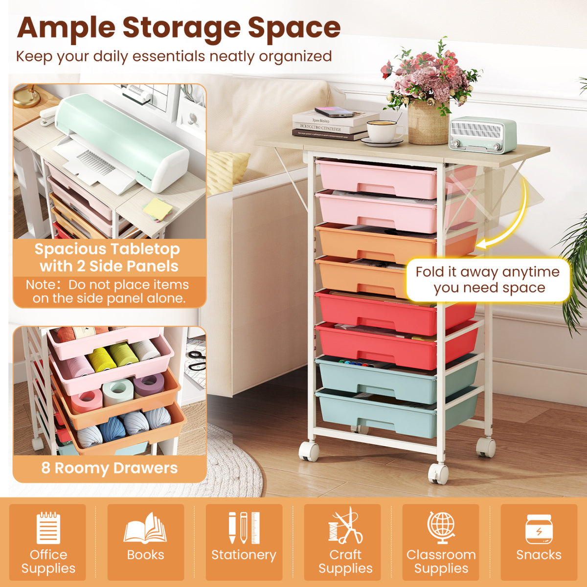 8-Drawer Rolling Cart with Wooden Tabletop and Folding Side Panels for Living Room-Macaron view 6