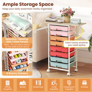 8-Drawer Rolling Cart with Wooden Tabletop and Folding Side Panels for Living Room-Macaron view 6