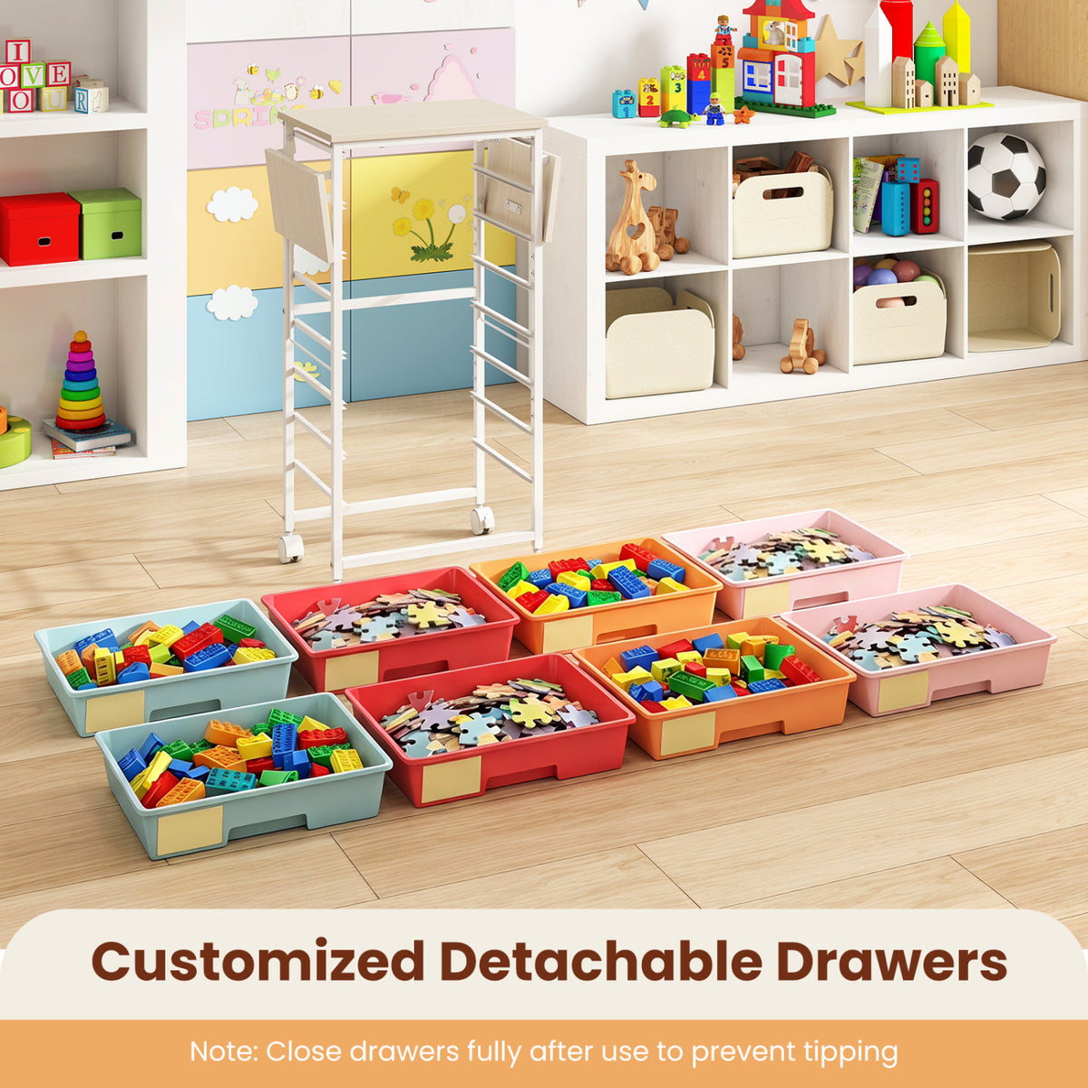 8-Drawer Rolling Cart with Wooden Tabletop and Folding Side Panels for Living Room-Macaron view 8