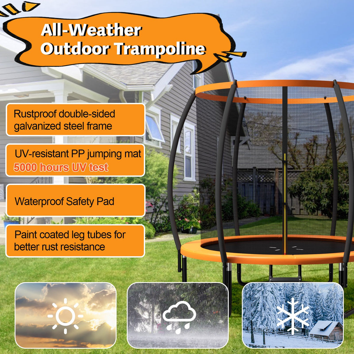 8 Feet ASTM Approved Recreational Trampoline with Ladder-Orange view 4