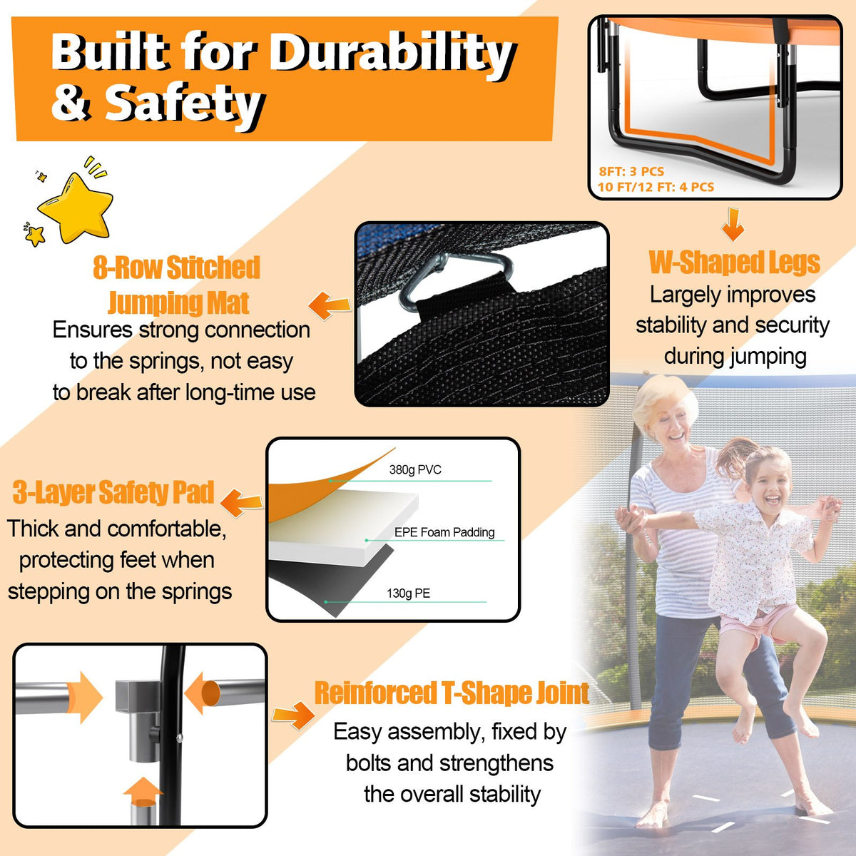 8 Feet ASTM Approved Recreational Trampoline with Ladder-Orange view 7