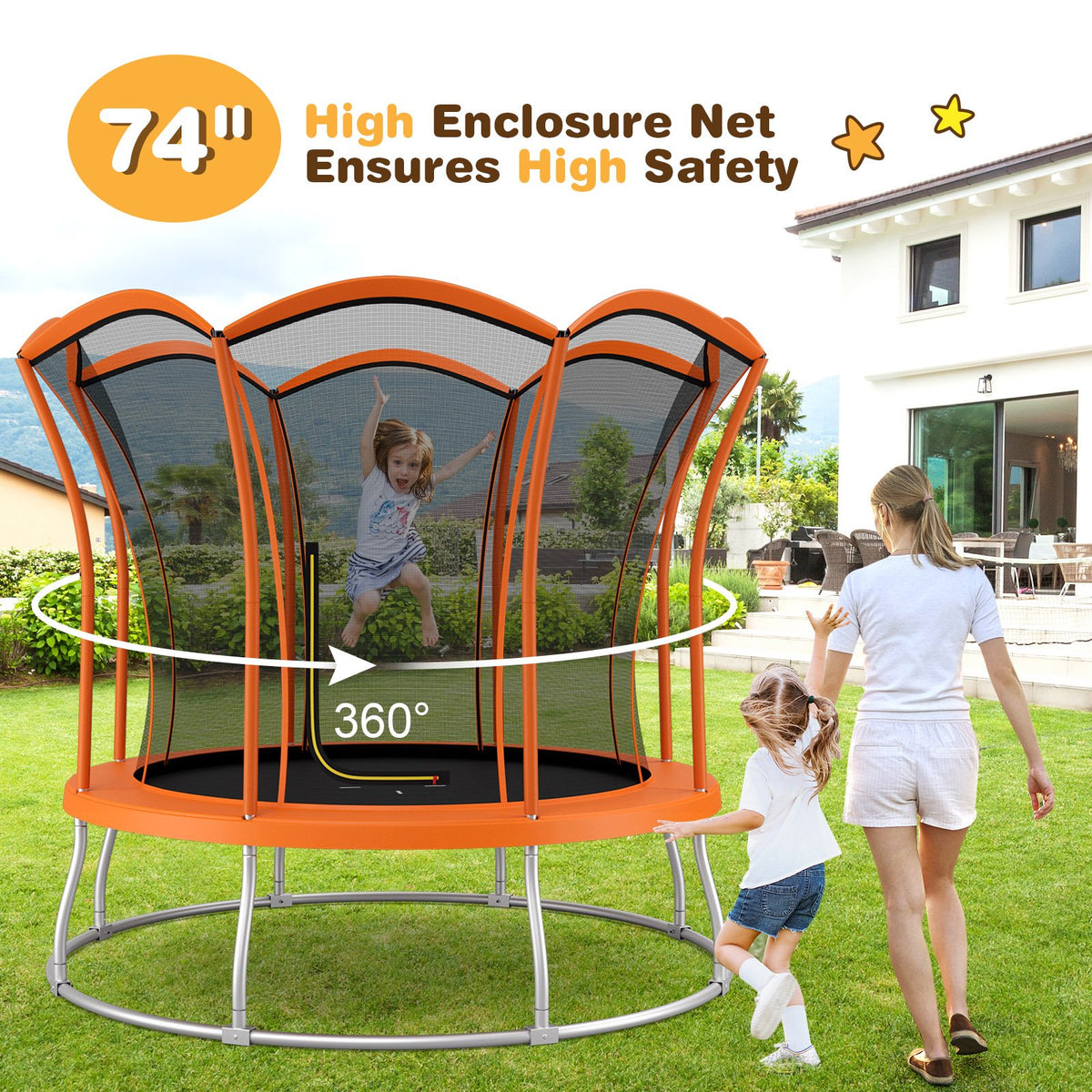 8 Feet Outdoor Unique Flower Shape Trampoline with Enclosure Net-Orange view 2