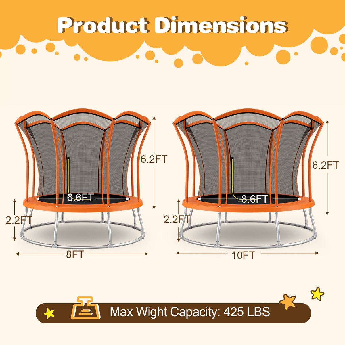 8 Feet Outdoor Unique Flower Shape Trampoline with Enclosure Net-Orange view 4