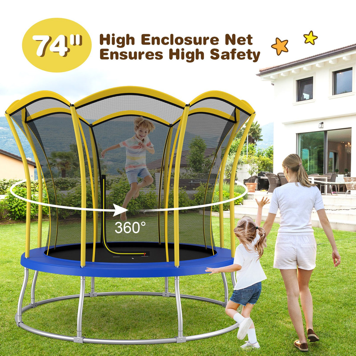 8 Feet Outdoor Unique Flower Shape Trampoline with Enclosure Net-Yellow view 2