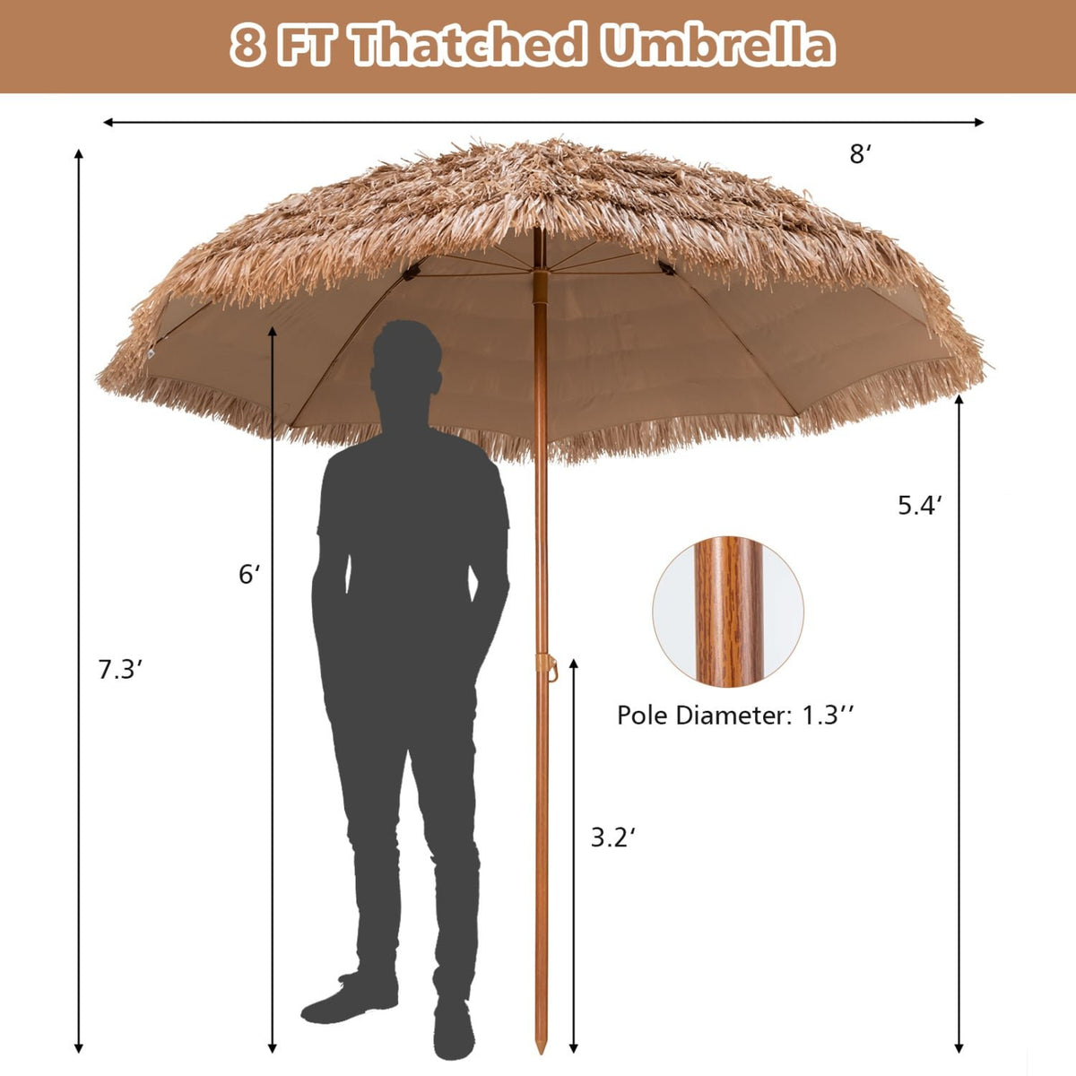 8 Feet Patio Thatched Tiki Umbrella Hawaiian Hula Beach Umbrella view 5