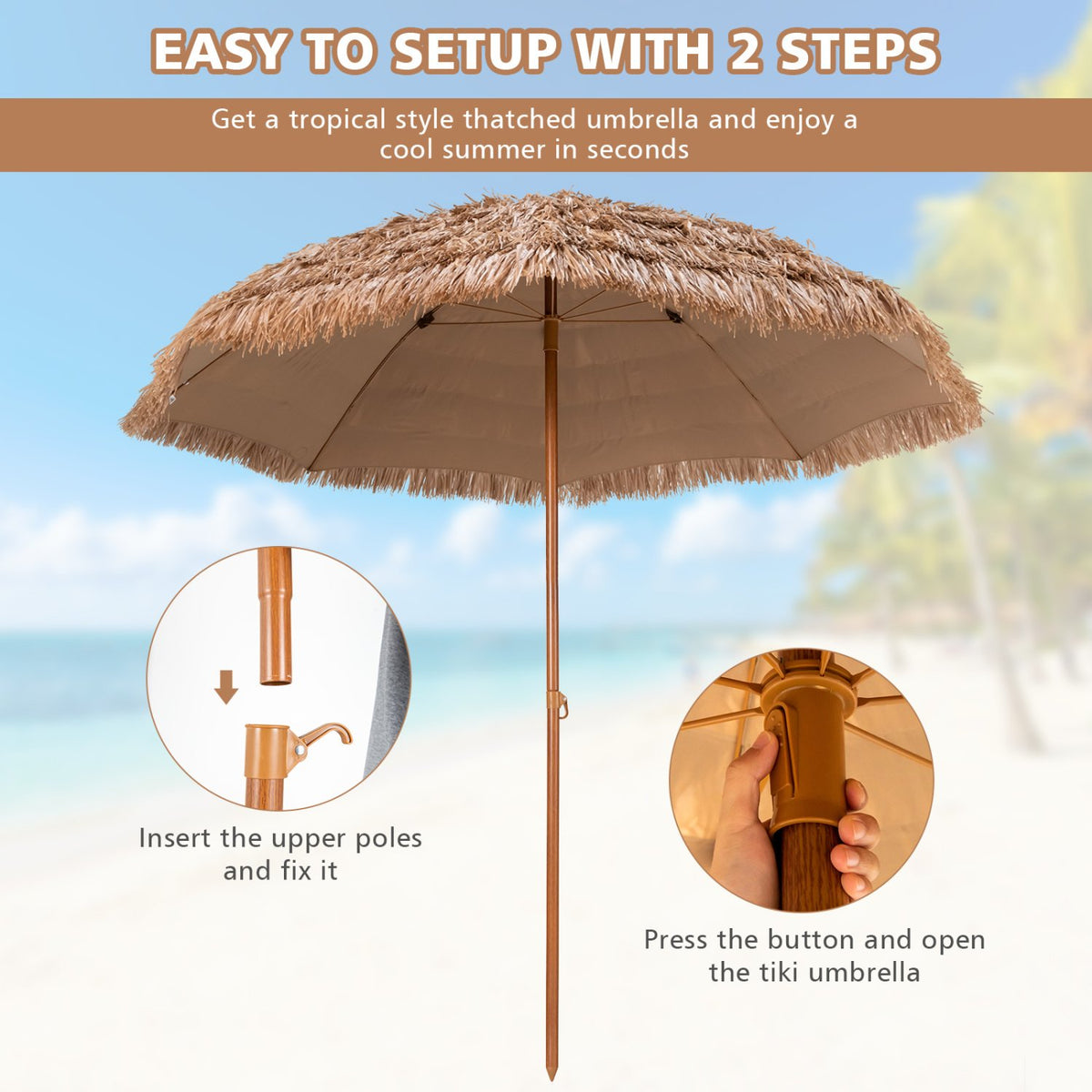 8 Feet Patio Thatched Tiki Umbrella Hawaiian Hula Beach Umbrella view 9