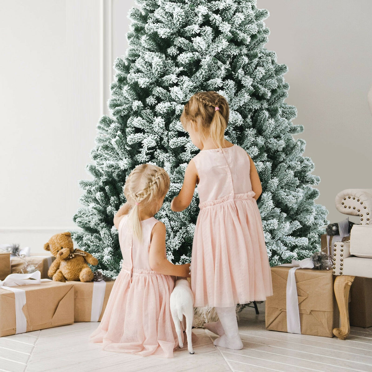 8 Feet Pre-lit Snow Flocked Christmas Tree with Tips and Metal Stand-8 ft view 8