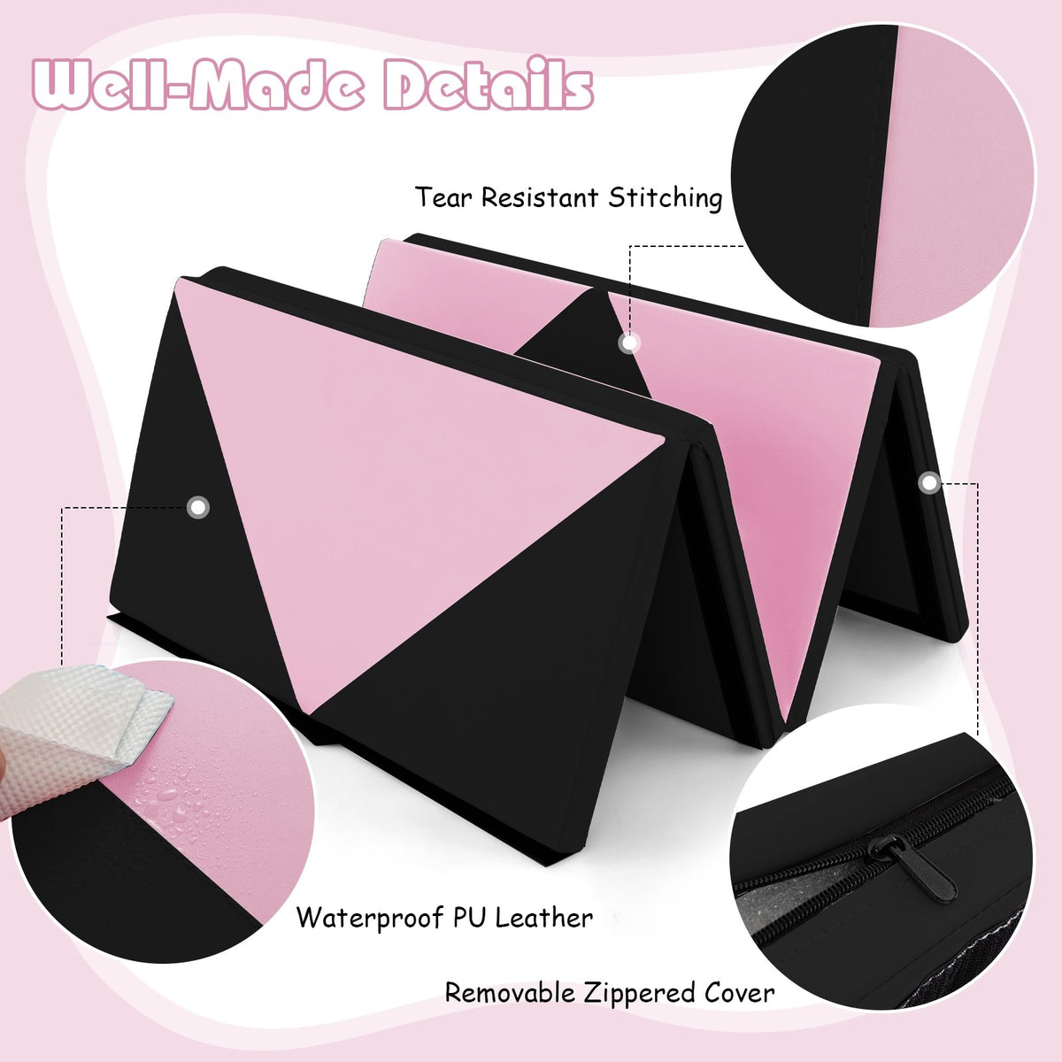 8 Feet PU Leather Folding Gymnastics Mat with Hook and Loop Fasteners-Black & Pink view 6
