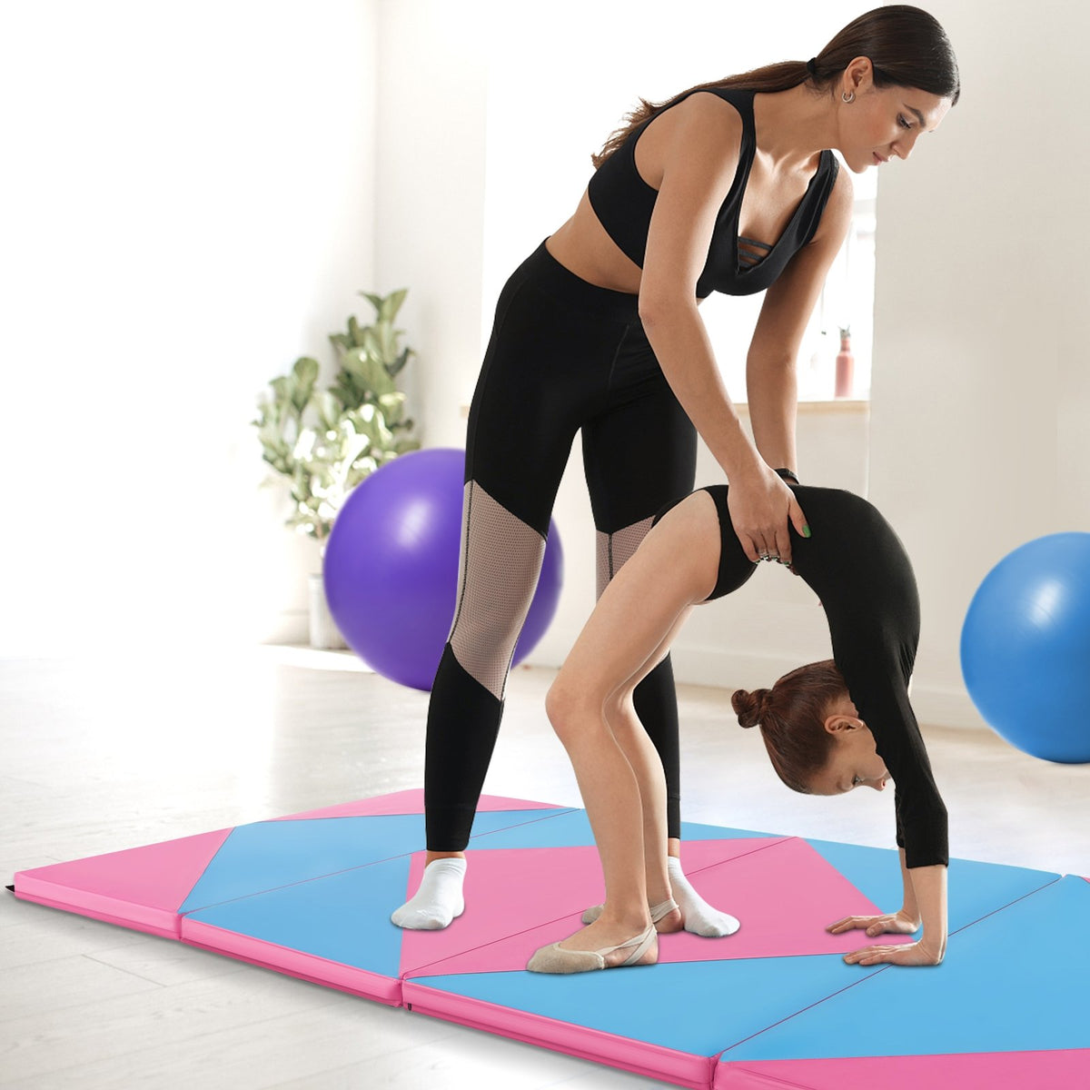 8 Feet PU Leather Folding Gymnastics Mat with Hook and Loop Fasteners-Pink & Blue view 3