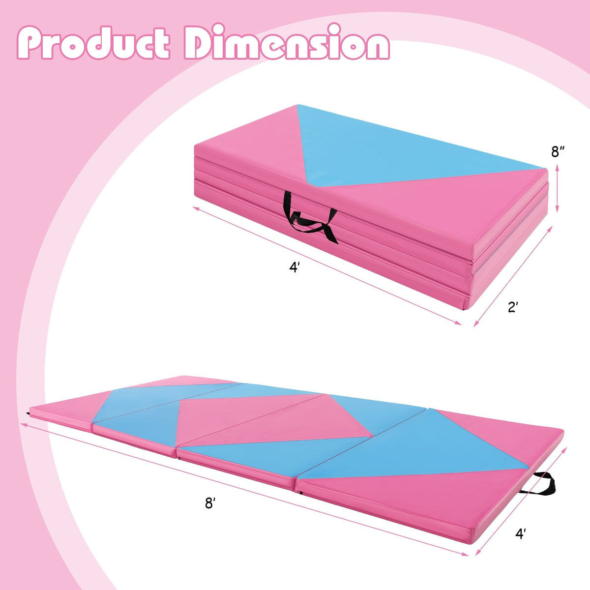 8 Feet PU Leather Folding Gymnastics Mat with Hook and Loop Fasteners-Pink & Blue view 4