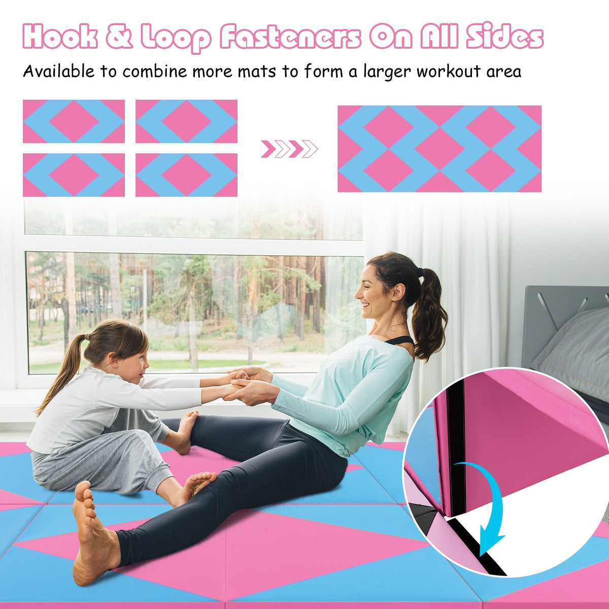 8 Feet PU Leather Folding Gymnastics Mat with Hook and Loop Fasteners-Pink & Blue view 9