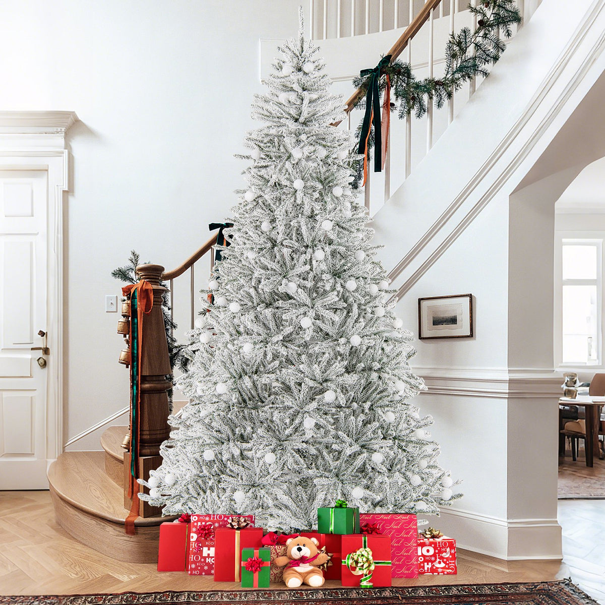 8 Feet Snow-flocked Artificial Christmas Tree Pre-lit Hinged with 81 Sphere Lights and Remote view 4