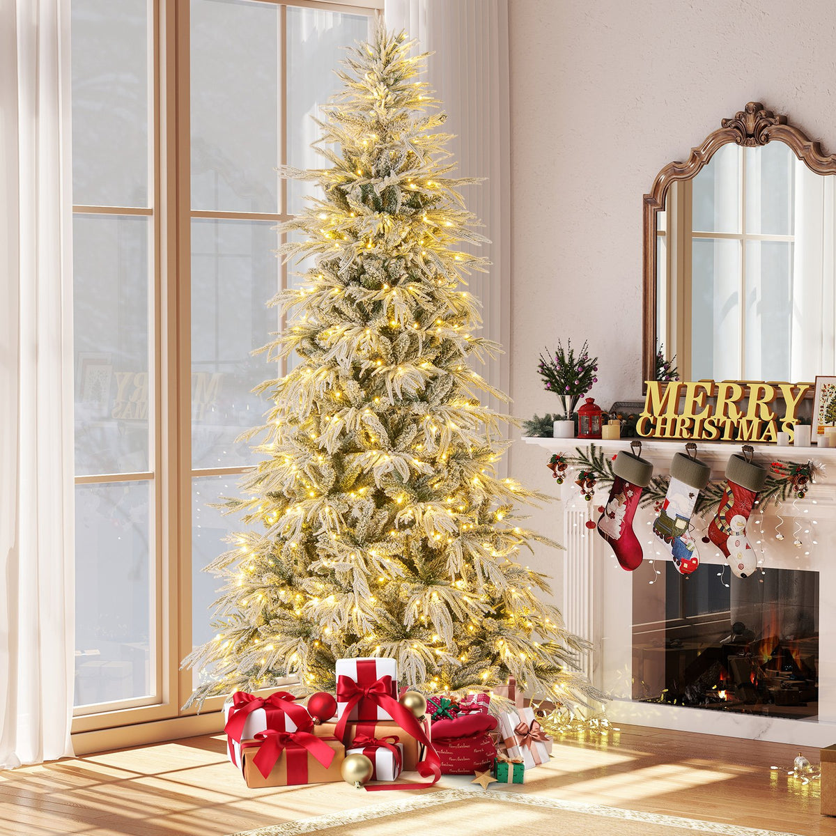 8 Feet Snow-flocked Artificial Christmas Tree Pre-lit Hinged Xmas Tree with Warm White LED Lights view 2