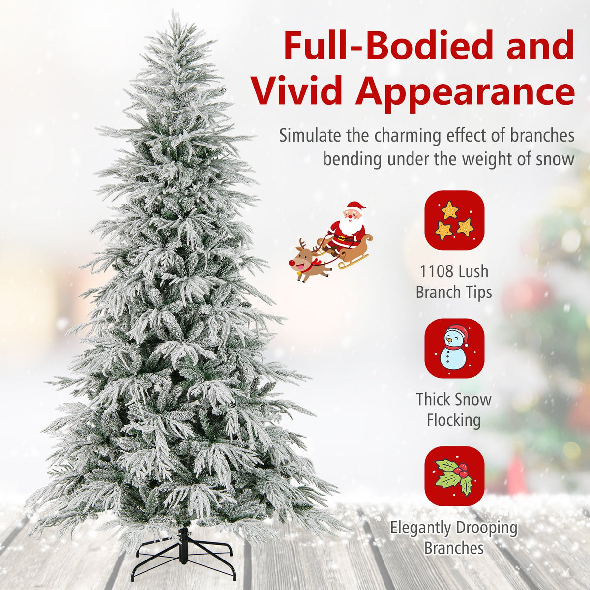 8 Feet Snow-flocked Artificial Christmas Tree Pre-lit Hinged Xmas Tree with Warm White LED Lights view 7