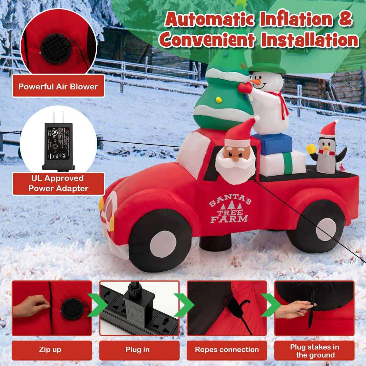 8 Feet Wide Inflatable Santa Claus Driving a Car with LED and Air Blower view 4