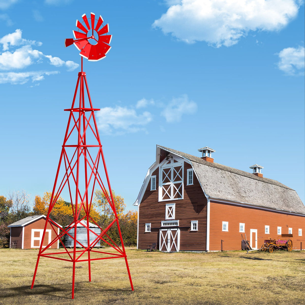 8 Feet Windmill Metal Ornamental Wind Wheel Weather Resistant-Red view 2