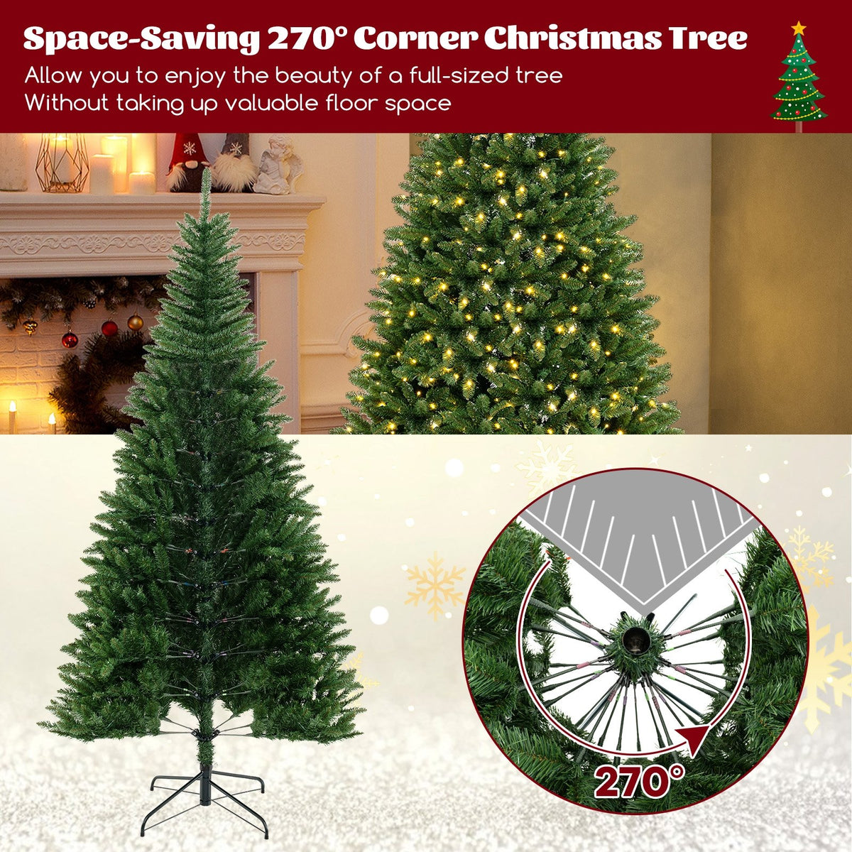 8 FT Corner Artificial Christmas Tree with 1137 Branch Tips and 360 Warm White LED Lights view 9