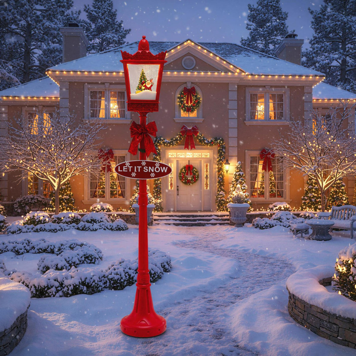 8 ft Musical Christmas Streetlight with Warm White LED Lights and Snowy Effects-RED view 2