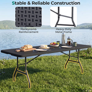 8 ft Portable Folding Table 350 LBS Fold-in-Half Table with HDPE Tabletop-Black view 9