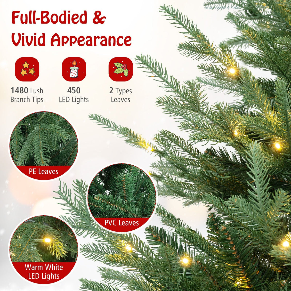 8 FT Pre-Lit Artificial Hinged Xmas Tree with 1480 PVC and PE Branch Tips-XL view 7