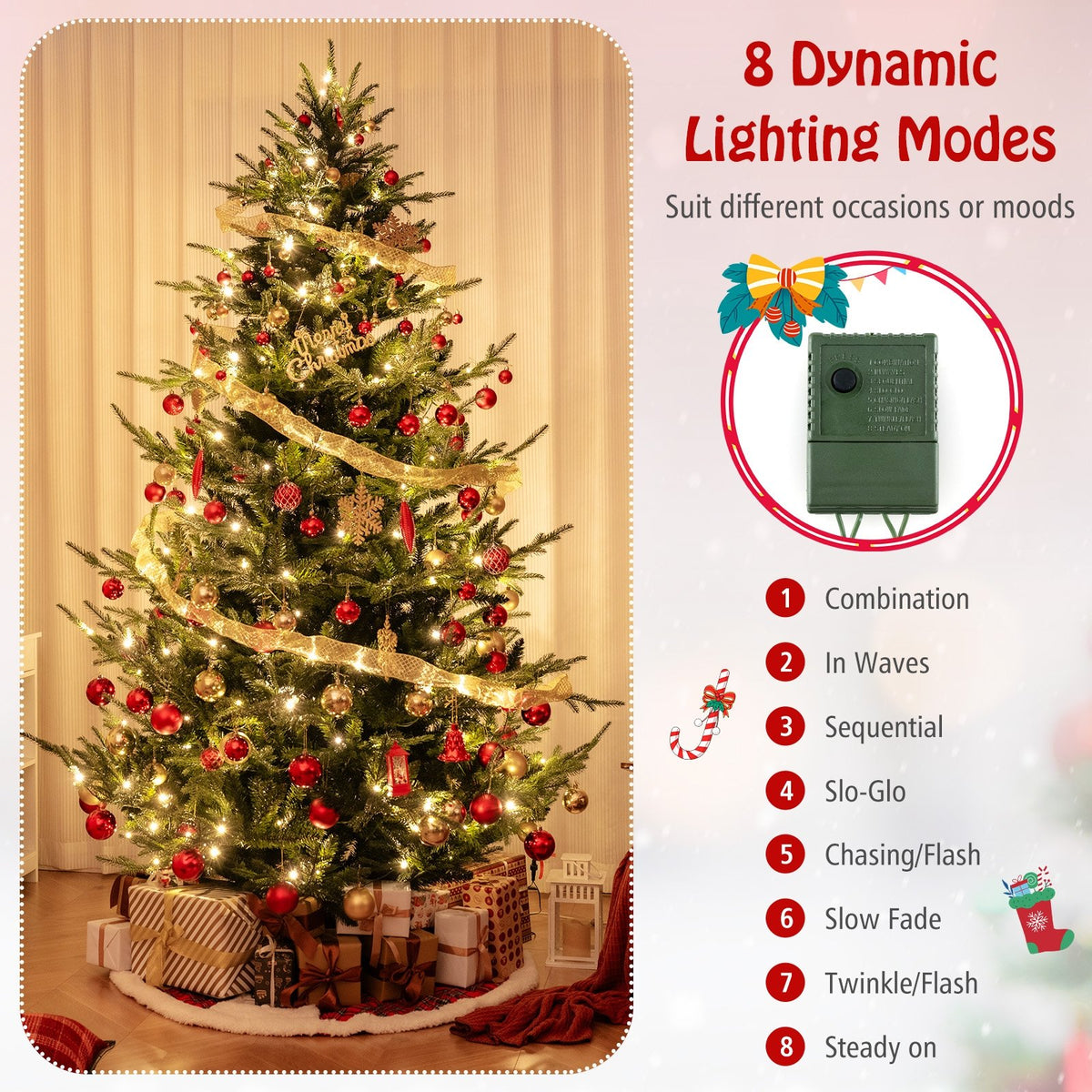 8 FT Pre-Lit Artificial Hinged Xmas Tree with 1480 PVC and PE Branch Tips-XL view 8
