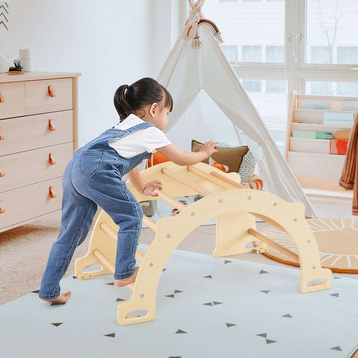 8 in 1 Climbing Arch Sensory Table with Collapsible Storage Bin for Kids-Natural view 2