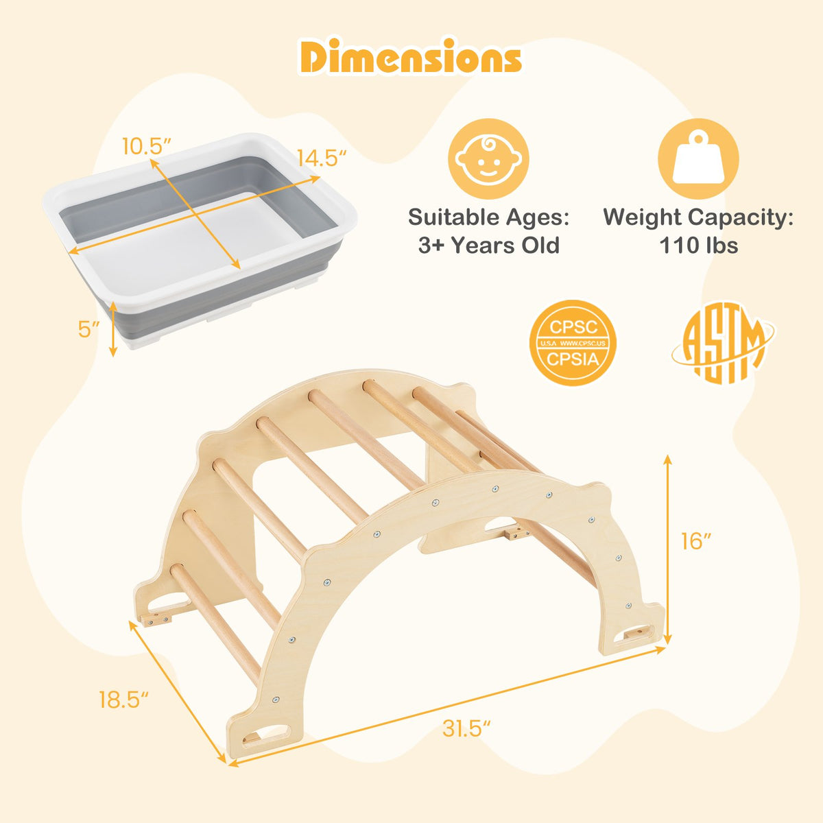 8 in 1 Climbing Arch Sensory Table with Collapsible Storage Bin for Kids-Natural view 4