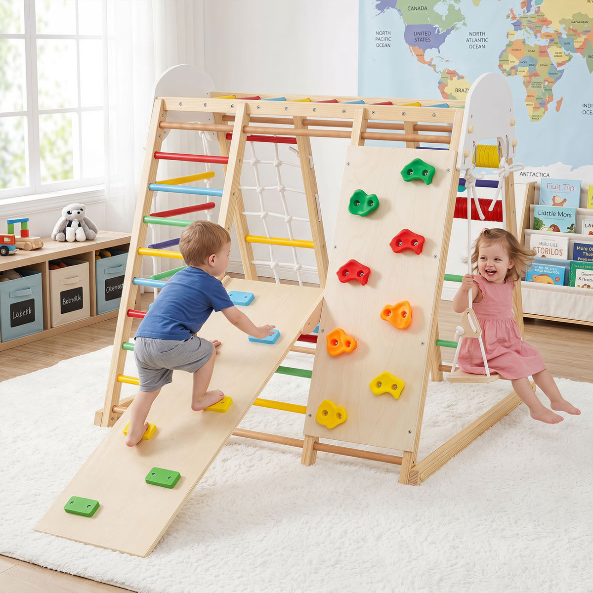 8-in-1 Foldable Indoor Jungle Gym for Kids with Swing and Monkey Bars-Colorful view 3