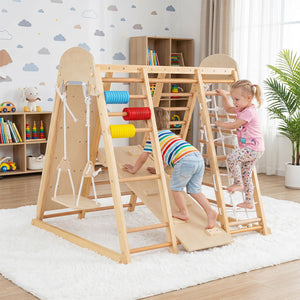 8-in-1 Foldable Indoor Jungle Gym for Kids with Swing and Monkey Bars-Natural view 2