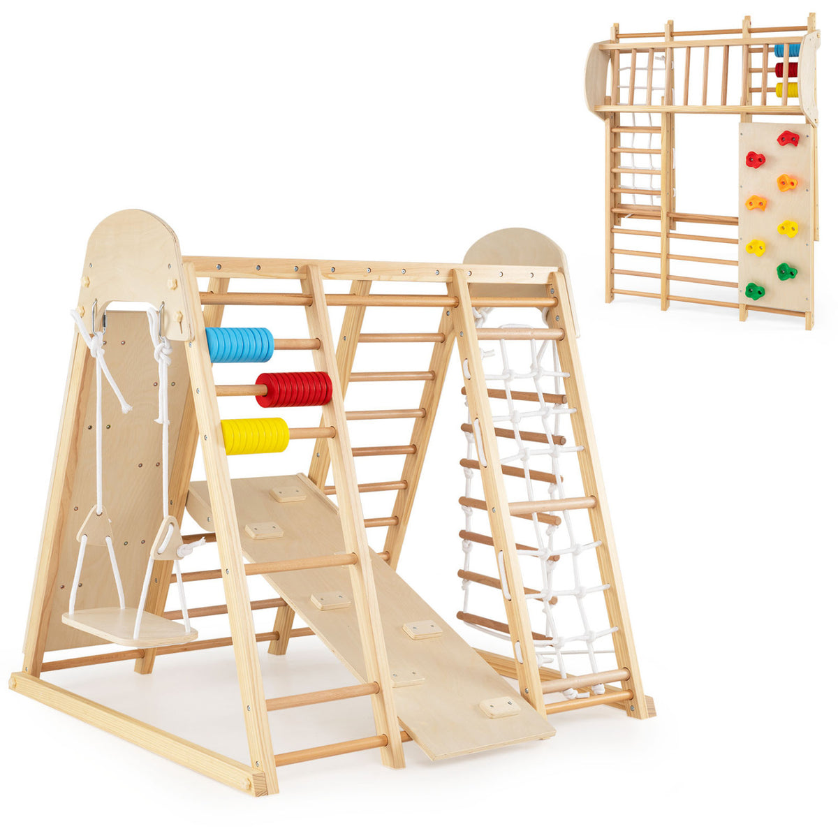 8-in-1 Foldable Indoor Jungle Gym for Kids with Swing and Monkey Bars-Natural view 4