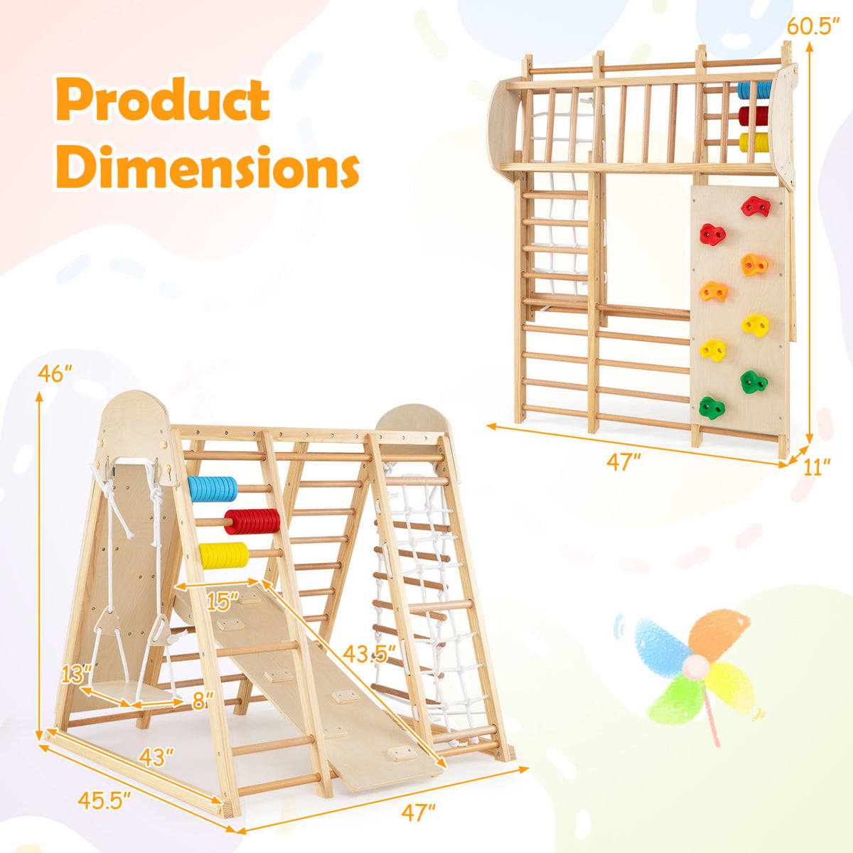 8-in-1 Foldable Indoor Jungle Gym for Kids with Swing and Monkey Bars-Natural view 5