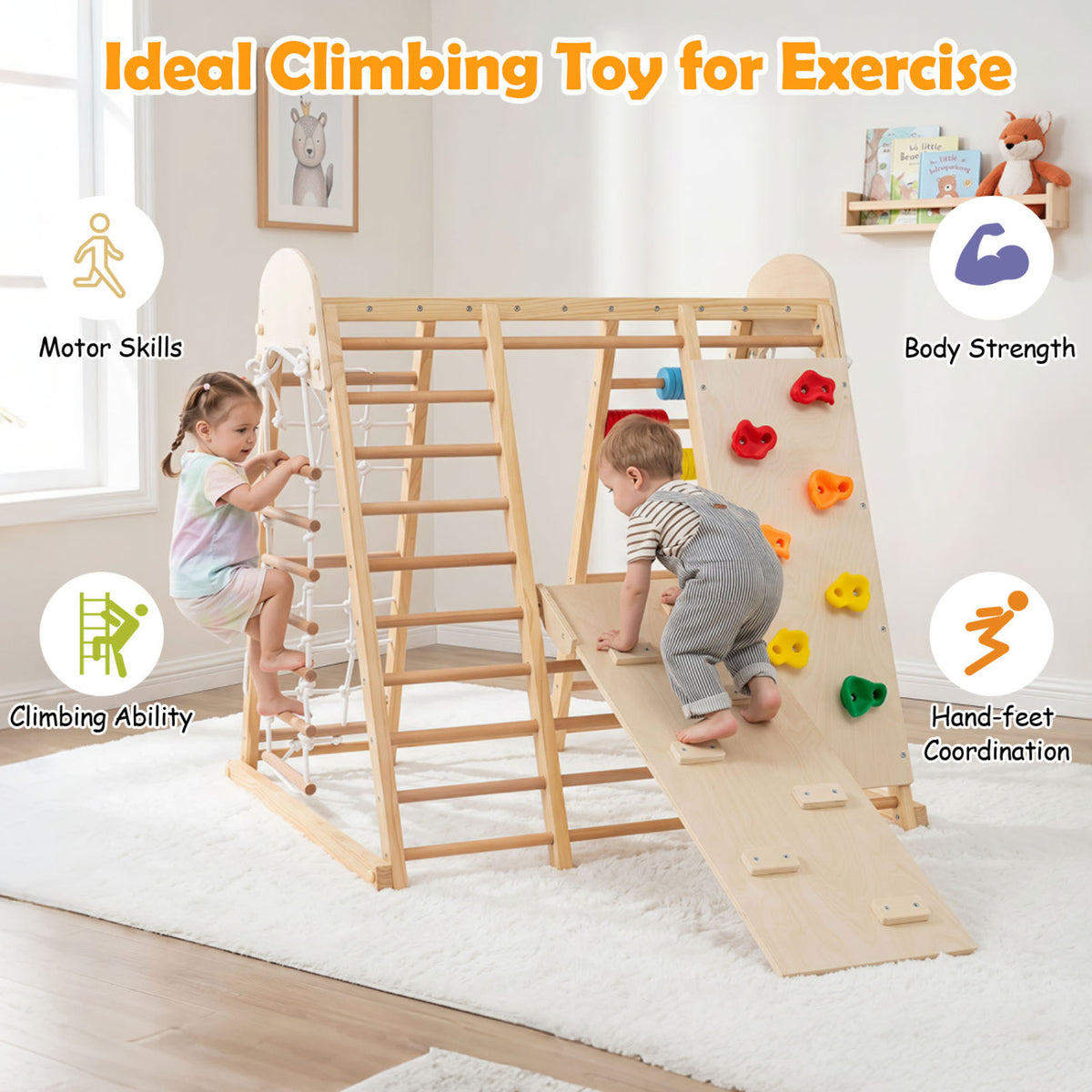 8-in-1 Foldable Indoor Jungle Gym for Kids with Swing and Monkey Bars-Natural view 6