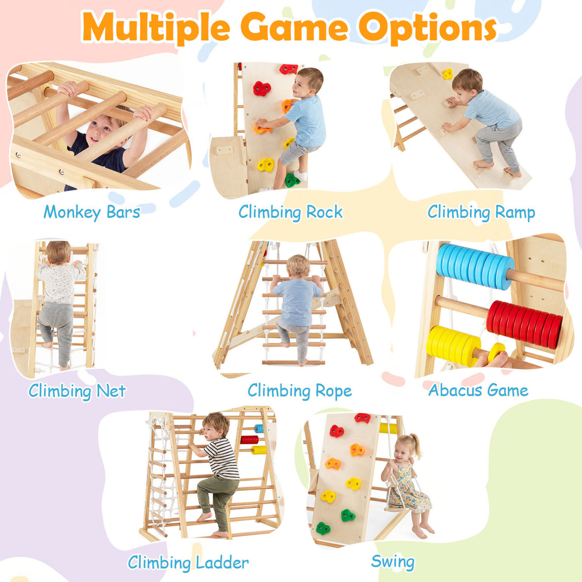 8-in-1 Foldable Indoor Jungle Gym for Kids with Swing and Monkey Bars-Natural view 7