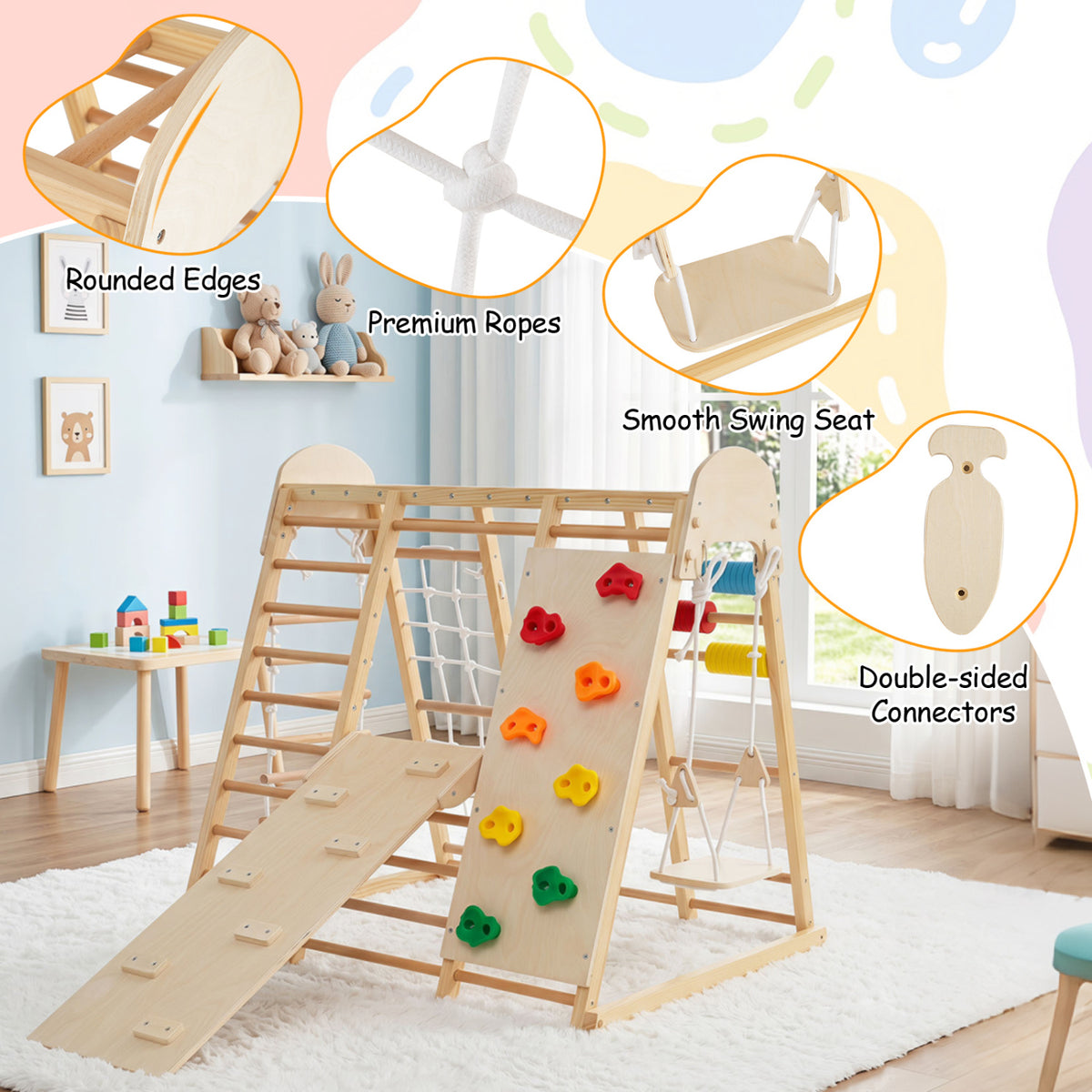 8-in-1 Foldable Indoor Jungle Gym for Kids with Swing and Monkey Bars-Natural view 8