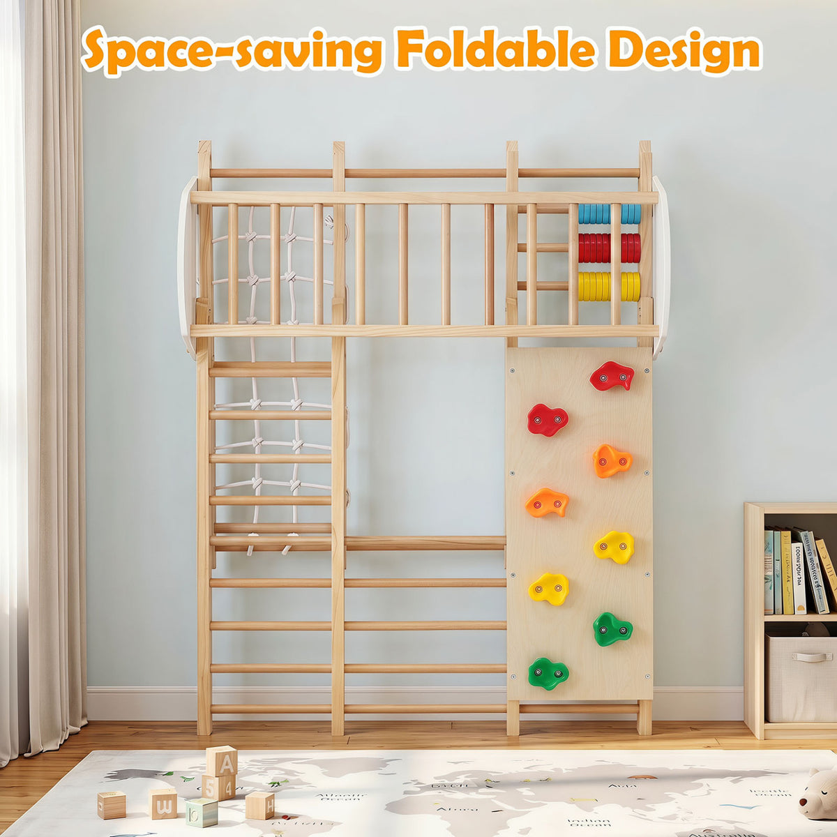 8-in-1 Foldable Indoor Jungle Gym for Kids with Swing and Monkey Bars-Natural view 9