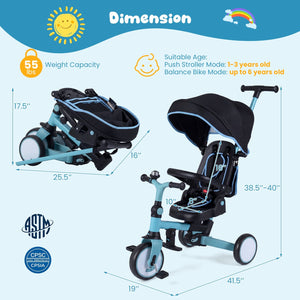 8-in-1 Folding Kids Tricycle with Removable Canopy and Push Handle-Blue view 3