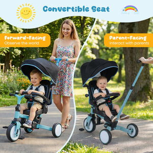 8-in-1 Folding Kids Tricycle with Removable Canopy and Push Handle-Blue view 9