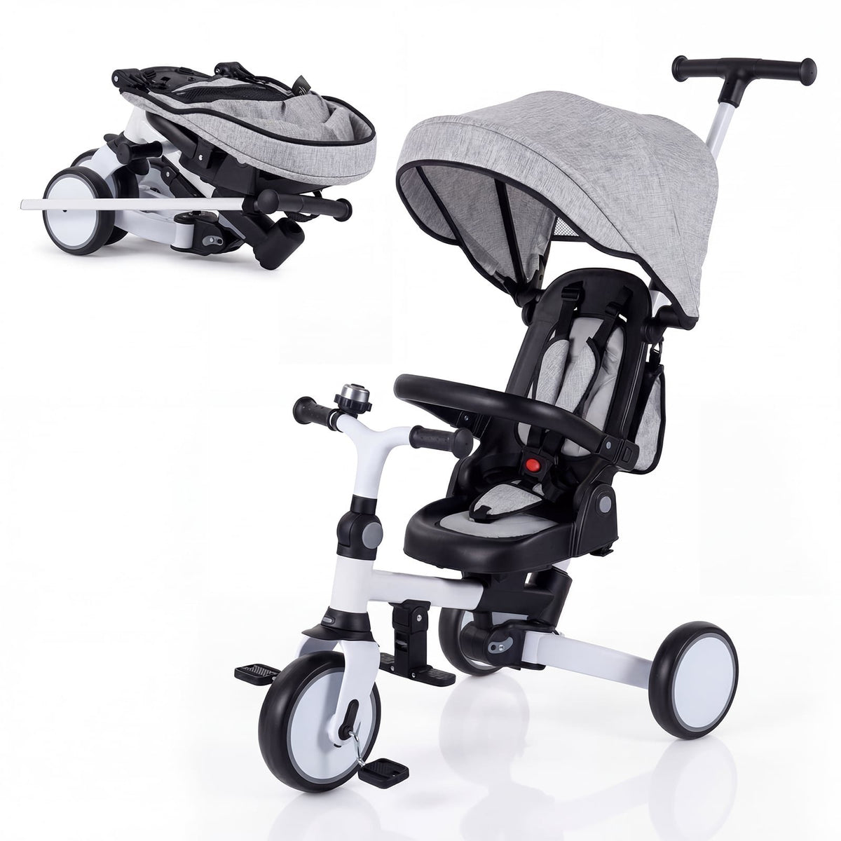 8-in-1 Folding Kids Tricycle with Removable Canopy and Push Handle-Gray