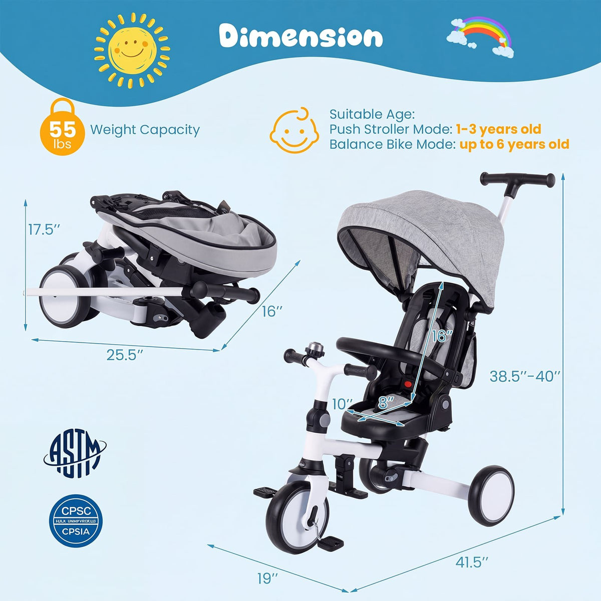 8-in-1 Folding Kids Tricycle with Removable Canopy and Push Handle-Gray view 3