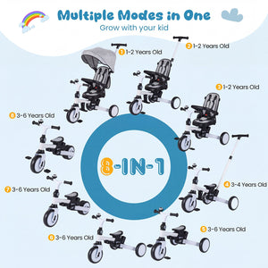8-in-1 Folding Kids Tricycle with Removable Canopy and Push Handle-Gray view 4