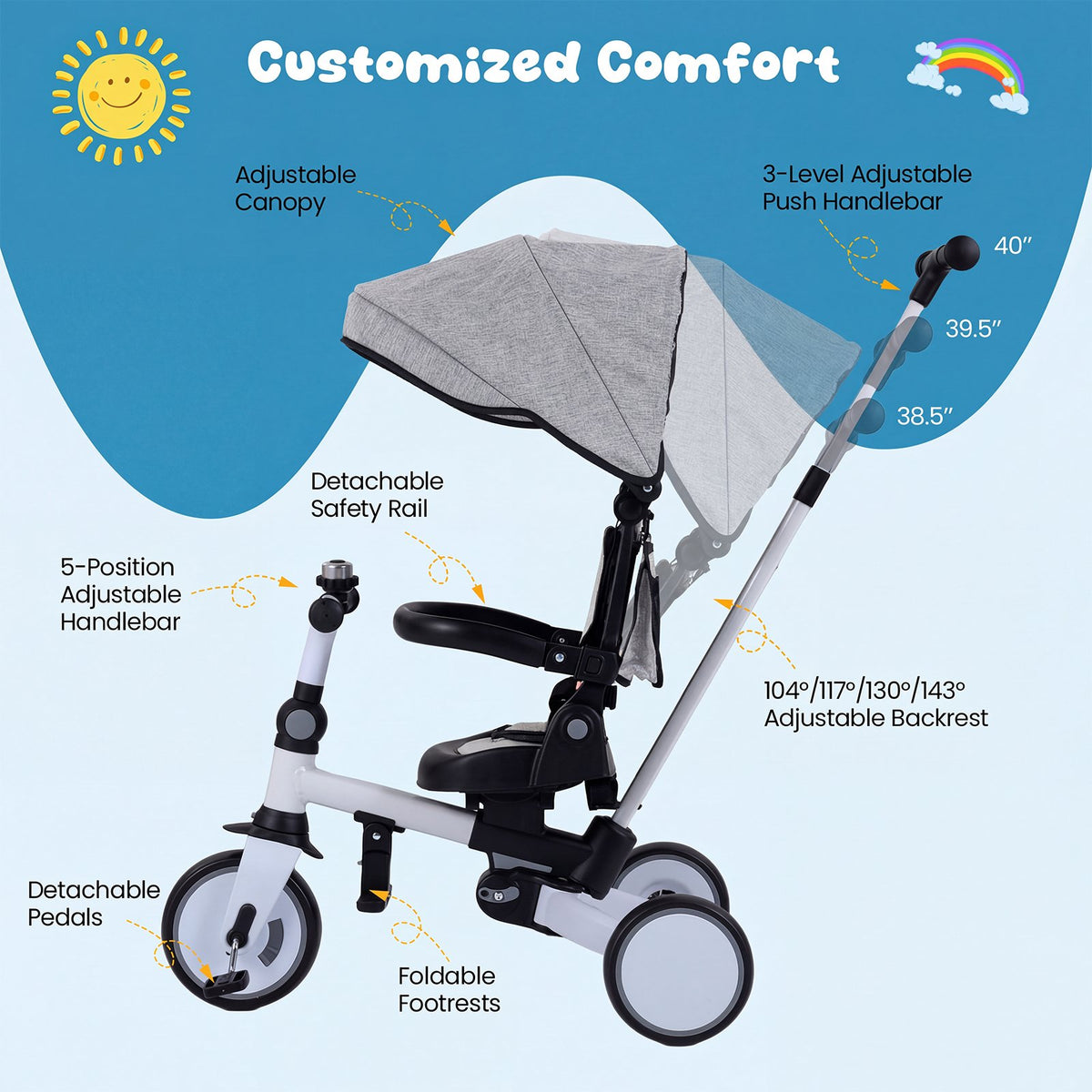 8-in-1 Folding Kids Tricycle with Removable Canopy and Push Handle-Gray view 5