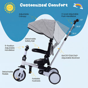 8-in-1 Folding Kids Tricycle with Removable Canopy and Push Handle-Gray view 5