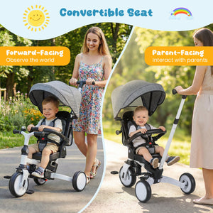 8-in-1 Folding Kids Tricycle with Removable Canopy and Push Handle-Gray view 9