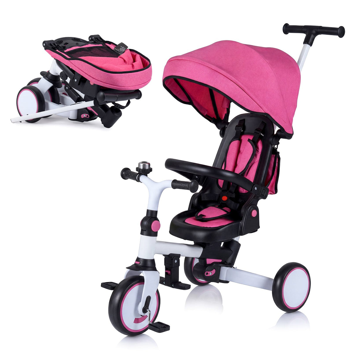 8-in-1 Folding Kids Tricycle with Removable Canopy and Push Handle-Pink